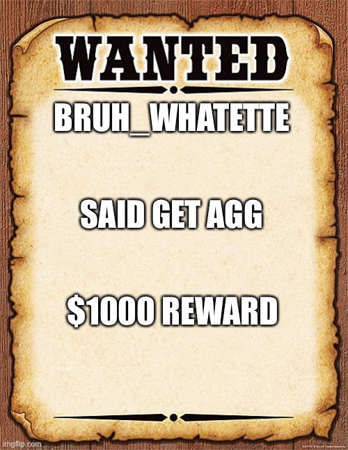 wanted poster | BRUH_WHATETTE; SAID GET AGG; $1000 REWARD | image tagged in wanted poster | made w/ Imgflip meme maker