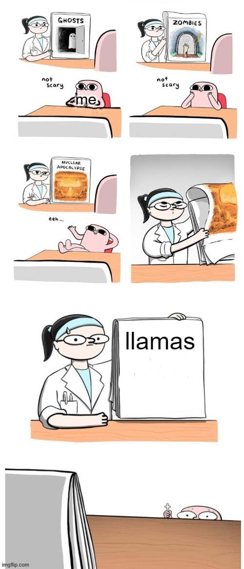 Im actually scared of llamas!!!! | me; llamas | image tagged in not scary | made w/ Imgflip meme maker