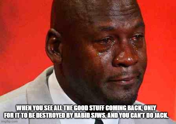 Muh nostalgia. | WHEN YOU SEE ALL THE GOOD STUFF COMING BACK, ONLY FOR IT TO BE DESTROYED BY RABID SJWS, AND YOU CAN'T DO JACK. | image tagged in crying michael jordan | made w/ Imgflip meme maker