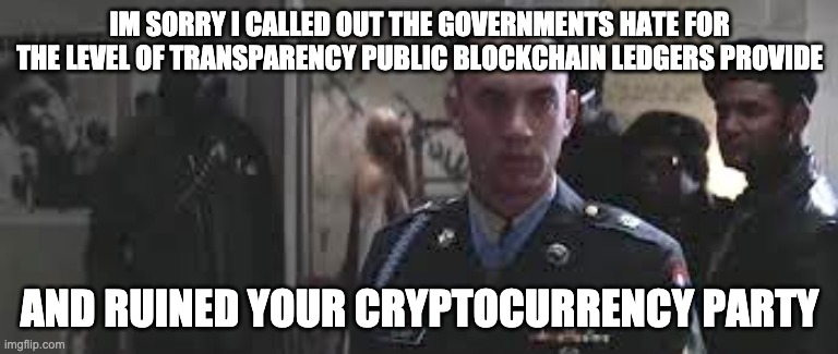 Sorry I Ruined Your Cryptocurrency Party | IM SORRY I CALLED OUT THE GOVERNMENTS HATE FOR THE LEVEL OF TRANSPARENCY PUBLIC BLOCKCHAIN LEDGERS PROVIDE; AND RUINED YOUR CRYPTOCURRENCY PARTY | image tagged in forrest gump black panther | made w/ Imgflip meme maker