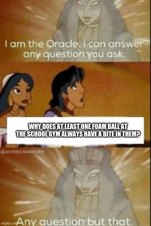 The oracle | WHY DOES AT LEAST ONE FOAM BALL AT THE SCHOOL GYM ALWAYS HAVE A BITE IN THEM? | image tagged in the oracle | made w/ Imgflip meme maker