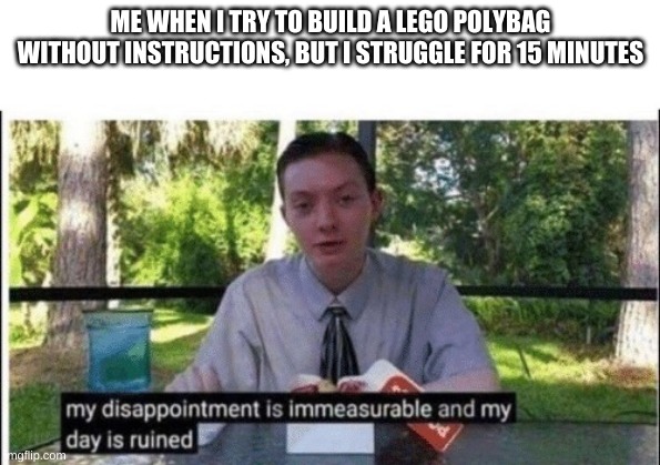 My dissapointment is immeasurable and my day is ruined | ME WHEN I TRY TO BUILD A LEGO POLYBAG WITHOUT INSTRUCTIONS, BUT I STRUGGLE FOR 15 MINUTES | image tagged in my dissapointment is immeasurable and my day is ruined | made w/ Imgflip meme maker