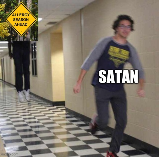 Why god why | SATAN | image tagged in floating boy chasing running boy,allergies,satan | made w/ Imgflip meme maker