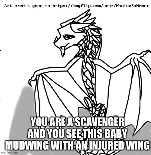 WoF rp | Art credit goes to https://imgflip.com/user/MaciezZaMemer; YOU ARE A SCAVENGER AND YOU SEE THIS BABY MUDWING WITH AN INJURED WING | made w/ Imgflip meme maker