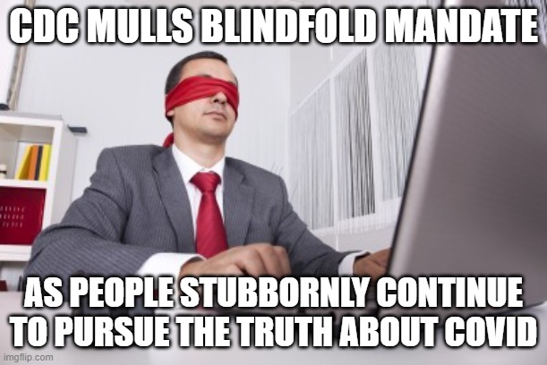 Blindfolded | CDC MULLS BLINDFOLD MANDATE; AS PEOPLE STUBBORNLY CONTINUE TO PURSUE THE TRUTH ABOUT COVID | image tagged in blindfolded | made w/ Imgflip meme maker
