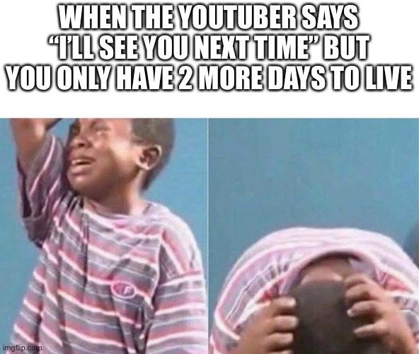 Unless... daily upload schedule..... | WHEN THE YOUTUBER SAYS “I’LL SEE YOU NEXT TIME” BUT YOU ONLY HAVE 2 MORE DAYS TO LIVE | image tagged in crying black kid,youtuber,memes | made w/ Imgflip meme maker