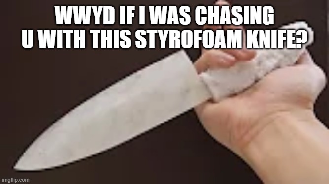 NGL it looks real... | WWYD IF I WAS CHASING U WITH THIS STYROFOAM KNIFE? | made w/ Imgflip meme maker