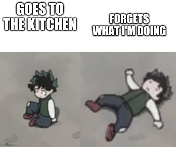 Deku low quality | FORGETS WHAT I'M DOING; GOES TO THE KITCHEN | image tagged in deku low quality | made w/ Imgflip meme maker