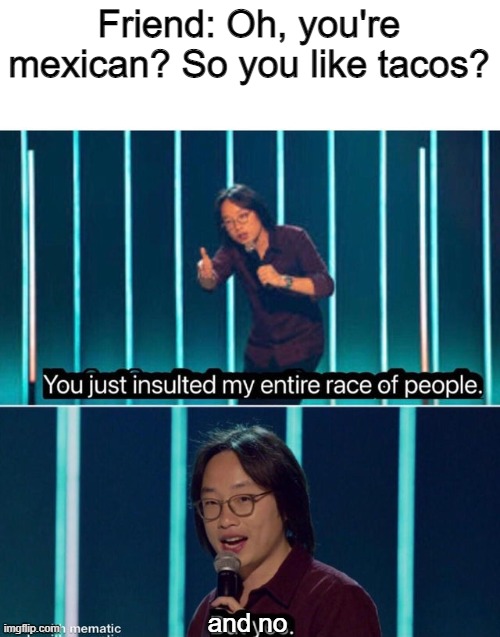 i really dont      also im back yey | Friend: Oh, you're mexican? So you like tacos? and no | image tagged in you just insulted my entire race of people | made w/ Imgflip meme maker
