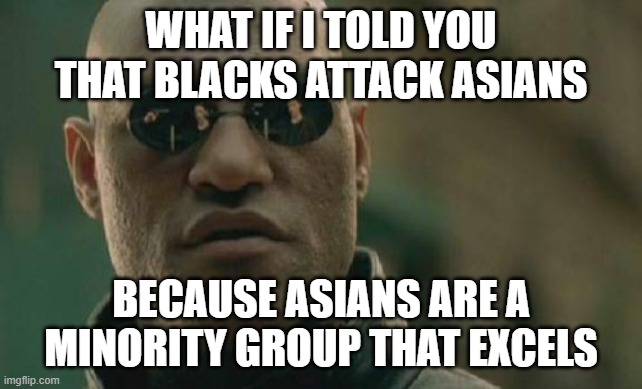 Matrix Morpheus | WHAT IF I TOLD YOU THAT BLACKS ATTACK ASIANS; BECAUSE ASIANS ARE A MINORITY GROUP THAT EXCELS | image tagged in memes,matrix morpheus | made w/ Imgflip meme maker
