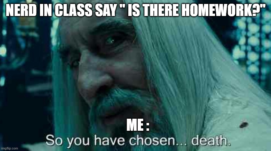 you choosen death... | NERD IN CLASS SAY " IS THERE HOMEWORK?"; ME : | image tagged in so you have chosen death | made w/ Imgflip meme maker