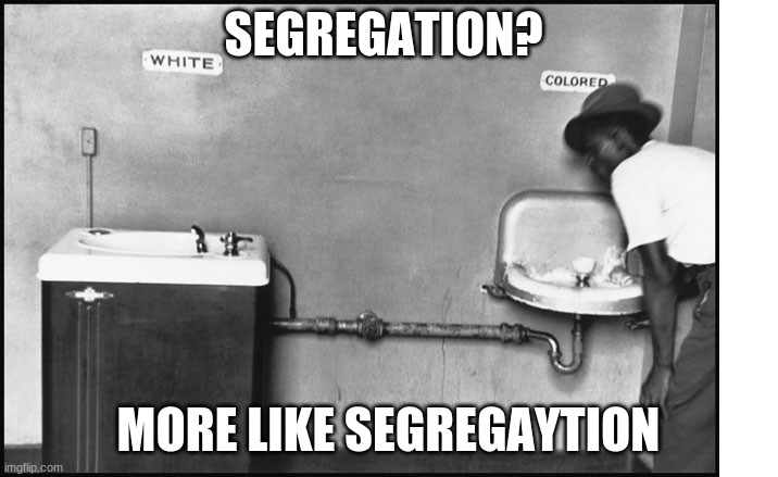 segregation meme | SEGREGATION? MORE LIKE SEGREGAYTION | image tagged in segregation - water fountain,memes,fun,funny,lol,the good old days | made w/ Imgflip meme maker