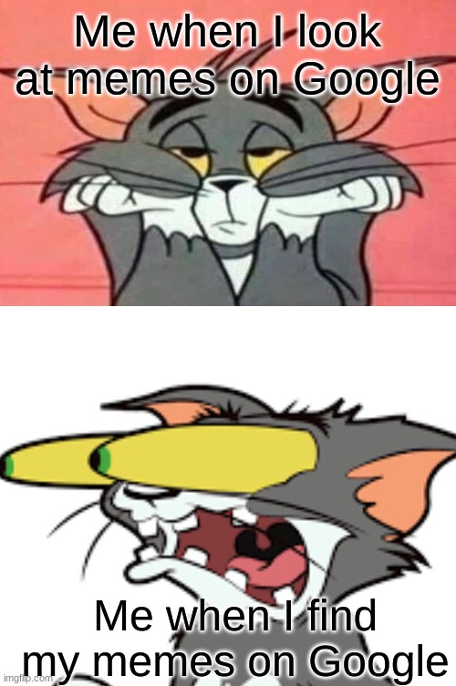 Memes on Google | Me when I look at memes on Google; Me when I find my memes on Google | image tagged in tom and jerry | made w/ Imgflip meme maker