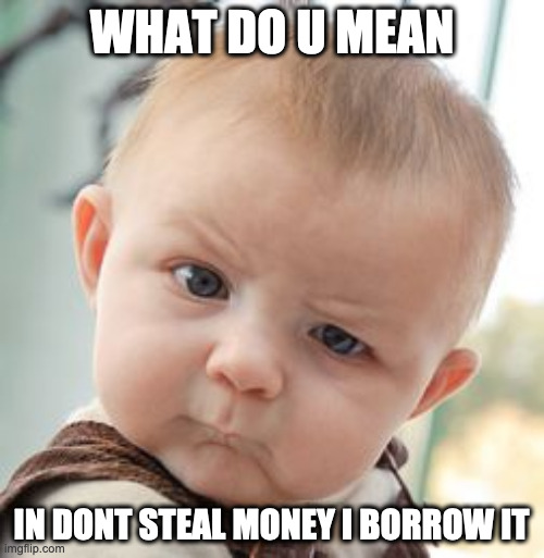 Skeptical Baby | WHAT DO U MEAN; IN DONT STEAL MONEY I BORROW IT | image tagged in memes,skeptical baby | made w/ Imgflip meme maker