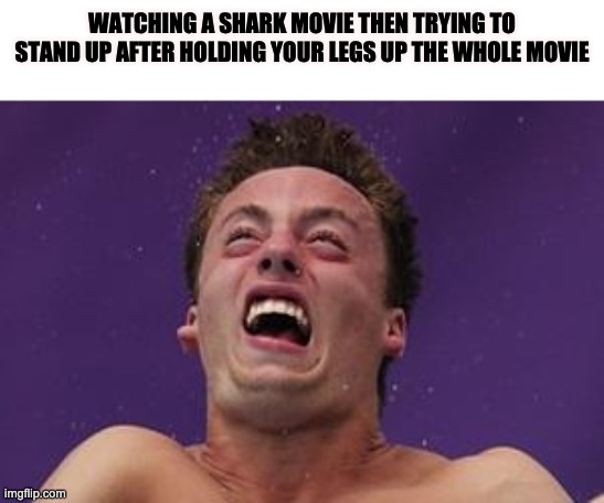 man in pain | WATCHING A SHARK MOVIE THEN TRYING TO STAND UP AFTER HOLDING YOUR LEGS UP THE WHOLE MOVIE | image tagged in man in pain | made w/ Imgflip meme maker