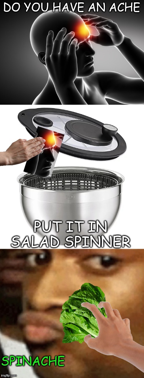 How To Eat Pain | DO YOU HAVE AN ACHE; PUT IT IN SALAD SPINNER; SPINACHE | image tagged in spinach,salad,spinner,headache | made w/ Imgflip meme maker