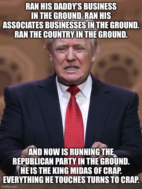 Donald Trump | RAN HIS DADDY’S BUSINESS IN THE GROUND. RAN HIS ASSOCIATES BUSINESSES IN THE GROUND. RAN THE COUNTRY IN THE GROUND. AND NOW IS RUNNING THE REPUBLICAN PARTY IN THE GROUND. HE IS THE KING MIDAS OF CRAP. EVERYTHING HE TOUCHES TURNS TO CRAP. | image tagged in donald trump | made w/ Imgflip meme maker