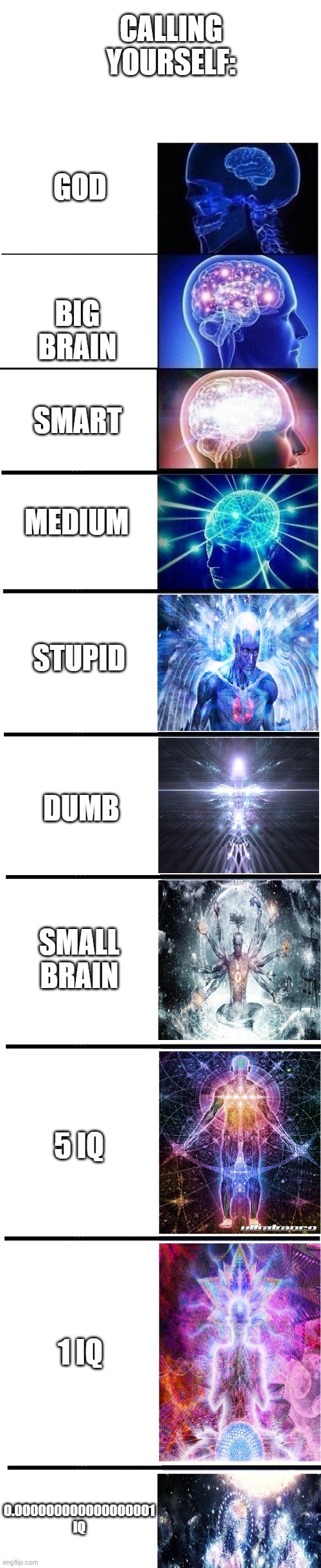 someone's that i dont remember meme | CALLING YOURSELF:; GOD; BIG BRAIN; SMART; MEDIUM; STUPID; DUMB; SMALL BRAIN; 5 IQ; 1 IQ; 0.000000000000000001 IQ | image tagged in expanding brain expanded | made w/ Imgflip meme maker