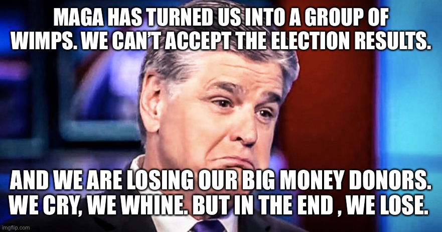 Sean Hannity | MAGA HAS TURNED US INTO A GROUP OF WIMPS. WE CAN’T ACCEPT THE ELECTION RESULTS. AND WE ARE LOSING OUR BIG MONEY DONORS. WE CRY, WE WHINE. BUT IN THE END , WE LOSE. | image tagged in sean hannity | made w/ Imgflip meme maker