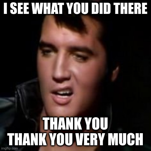 Elvis, thank you | I SEE WHAT YOU DID THERE THANK YOU
THANK YOU VERY MUCH | image tagged in elvis thank you | made w/ Imgflip meme maker