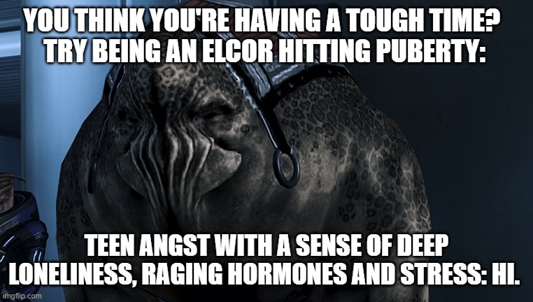 Rough being an Elcor | YOU THINK YOU'RE HAVING A TOUGH TIME? 
TRY BEING AN ELCOR HITTING PUBERTY:; TEEN ANGST WITH A SENSE OF DEEP LONELINESS, RAGING HORMONES AND STRESS: HI. | image tagged in mass effect | made w/ Imgflip meme maker
