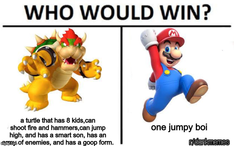 who would win | a turtle that has 8 kids,can shoot fire and hammers,can jump high, and has a smart son, has an army of enemies, and has a goop form. one jumpy boi | image tagged in who would win | made w/ Imgflip meme maker