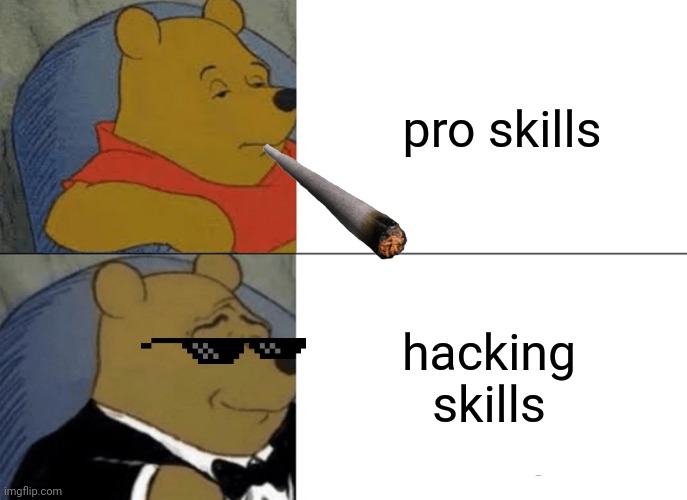 Gaming meme | pro skills; hacking skills | image tagged in memes,tuxedo winnie the pooh | made w/ Imgflip meme maker