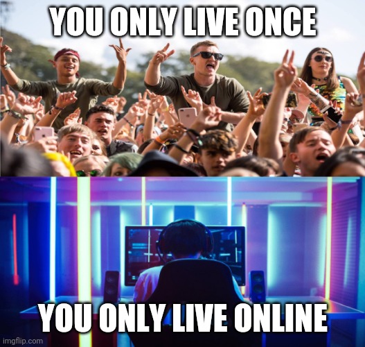 Bring back yolo | YOU ONLY LIVE ONCE; YOU ONLY LIVE ONLINE | image tagged in festival vs gamer,memes,yolo | made w/ Imgflip meme maker