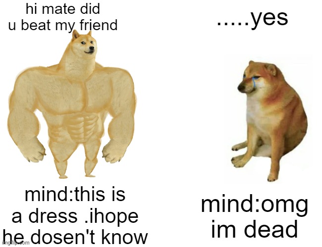Buff Doge vs. Cheems Meme | hi mate did u beat my friend; .....yes; mind:this is a dress .ihope he dosen't know; mind:omg im dead | image tagged in memes,buff doge vs cheems | made w/ Imgflip meme maker