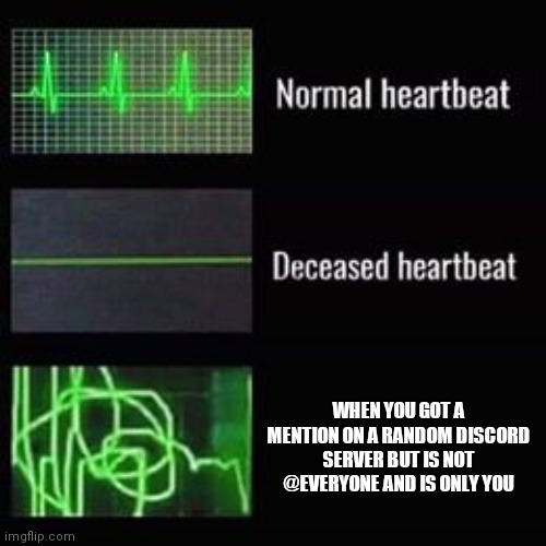 Got that feeling too. | WHEN YOU GOT A MENTION ON A RANDOM DISCORD SERVER BUT IS NOT @EVERYONE AND IS ONLY YOU | image tagged in heartbeat rate,discord | made w/ Imgflip meme maker