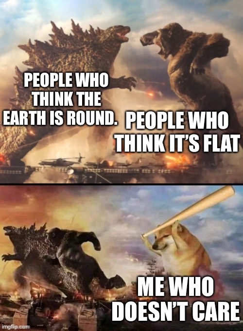 Lol | PEOPLE WHO THINK THE EARTH IS ROUND. PEOPLE WHO THINK IT’S FLAT; ME WHO DOESN’T CARE | image tagged in godzilla vs king kong vs bonk,flat earth | made w/ Imgflip meme maker
