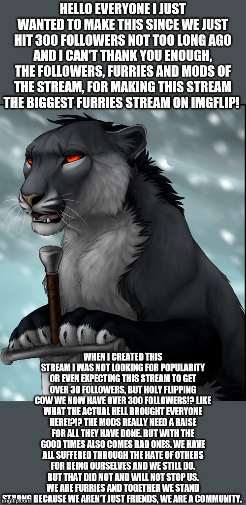 I want to use this to give a special thanks to the mods for everything they have done. I could not have done it without you. | HELLO EVERYONE I JUST WANTED TO MAKE THIS SINCE WE JUST HIT 300 FOLLOWERS NOT TOO LONG AGO AND I CAN'T THANK YOU ENOUGH, THE FOLLOWERS, FURRIES AND MODS OF THE STREAM, FOR MAKING THIS STREAM THE BIGGEST FURRIES STREAM ON IMGFLIP! WHEN I CREATED THIS STREAM I WAS NOT LOOKING FOR POPULARITY OR EVEN EXPECTING THIS STREAM TO GET OVER 30 FOLLOWERS, BUT HOLY FLIPPING COW WE NOW HAVE OVER 300 FOLLOWERS!? LIKE WHAT THE ACTUAL HELL BROUGHT EVERYONE HERE!?!? THE MODS REALLY NEED A RAISE FOR ALL THEY HAVE DONE. BUT WITH THE GOOD TIMES ALSO COMES BAD ONES. WE HAVE ALL SUFFERED THROUGH THE HATE OF OTHERS FOR BEING OURSELVES AND WE STILL DO. BUT THAT DID NOT AND WILL NOT STOP US. WE ARE FURRIES AND TOGETHER WE STAND STRONG BECAUSE WE AREN'T JUST FRIENDS, WE ARE A COMMUNITY. | image tagged in brace yourselves x is coming,furry,furries,family,thank you | made w/ Imgflip meme maker