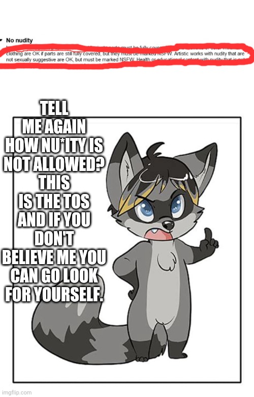 Wanna tell me again it's not allowed? Keep rage comments on this post crusaders because of you harass anyone I will deal with yo | TELL ME AGAIN HOW NU*ITY IS NOT ALLOWED? THIS IS THE TOS AND IF YOU DON'T BELIEVE ME YOU CAN GO LOOK FOR YOURSELF. | image tagged in well actually not,furry memes,furry,tos | made w/ Imgflip meme maker