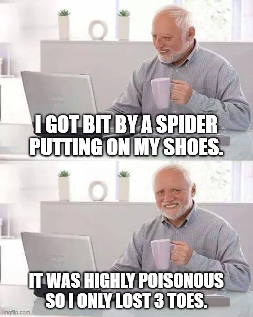 Hide the Pain Harold Meme | I GOT BIT BY A SPIDER PUTTING ON MY SHOES. IT WAS HIGHLY POISONOUS SO I ONLY LOST 3 TOES. | image tagged in memes,hide the pain harold | made w/ Imgflip meme maker
