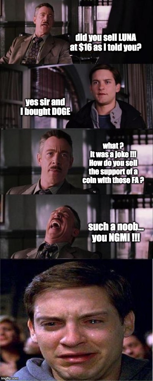 such a noob | did you sell LUNA at $16 as I told you? yes sir and I bought DOGE; what ?
it was a joke !!!
How do you sell the support of a coin with those FA ? such a noob...
you NGMI !!! | image tagged in memes,peter parker cry | made w/ Imgflip meme maker