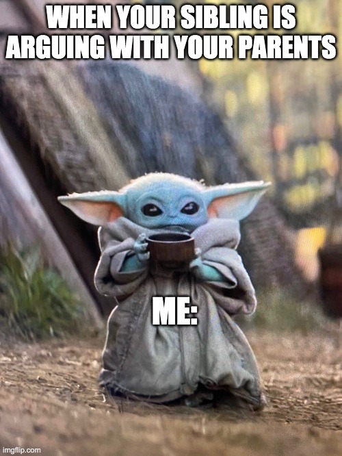 when your sibling gets in trouble | WHEN YOUR SIBLING IS ARGUING WITH YOUR PARENTS; ME: | image tagged in baby yoda tea | made w/ Imgflip meme maker