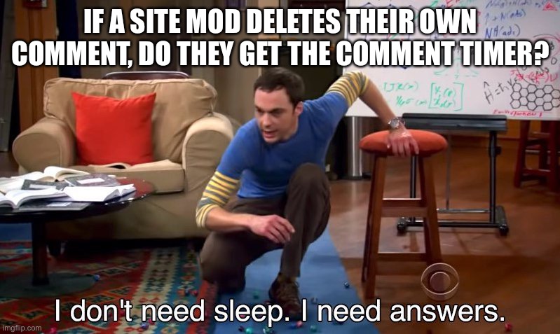 Is this true | IF A SITE MOD DELETES THEIR OWN COMMENT, DO THEY GET THE COMMENT TIMER? | image tagged in i don't need sleep i need answers | made w/ Imgflip meme maker