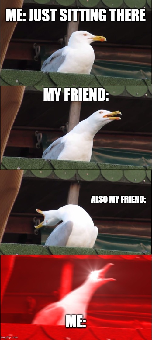 Inhaling Seagull Meme | ME: JUST SITTING THERE; MY FRIEND:; ALSO MY FRIEND:; ME: | image tagged in memes,inhaling seagull | made w/ Imgflip meme maker
