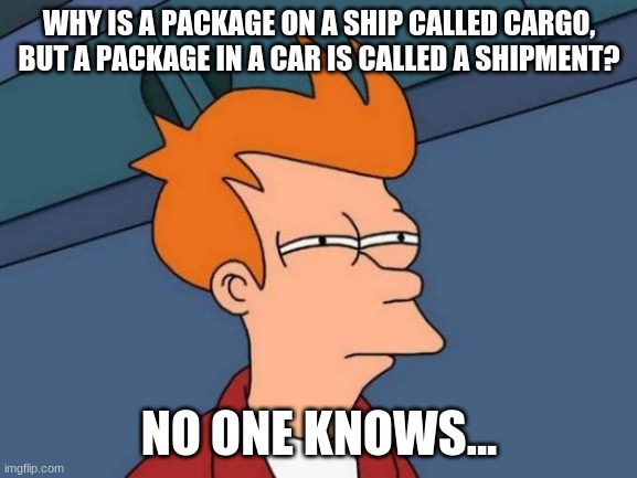 My guy, whoever came up with these names is literally the dumbest person on earth. | WHY IS A PACKAGE ON A SHIP CALLED CARGO, BUT A PACKAGE IN A CAR IS CALLED A SHIPMENT? NO ONE KNOWS... | image tagged in memes,futurama fry,so true | made w/ Imgflip meme maker