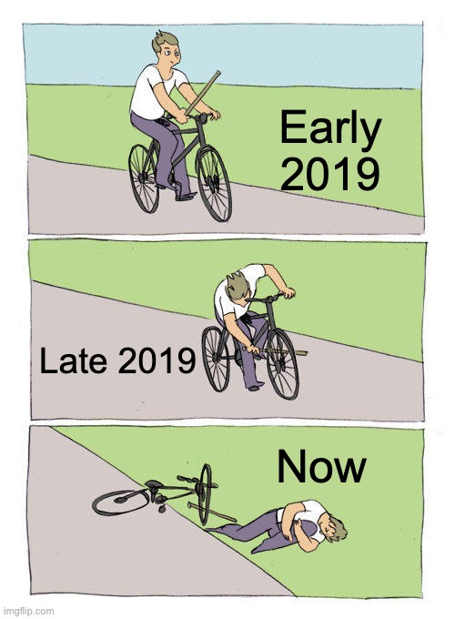 Bike Fall | Early 2019; Late 2019; Now | image tagged in memes,bike fall | made w/ Imgflip meme maker