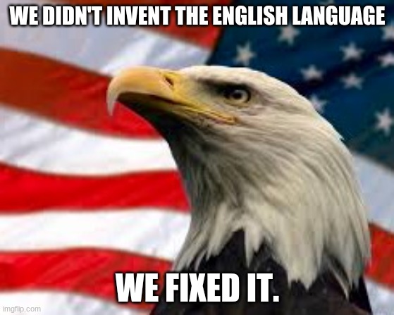 Murica' | WE DIDN'T INVENT THE ENGLISH LANGUAGE; WE FIXED IT. | image tagged in murica patriotic eagle,american flag,english | made w/ Imgflip meme maker