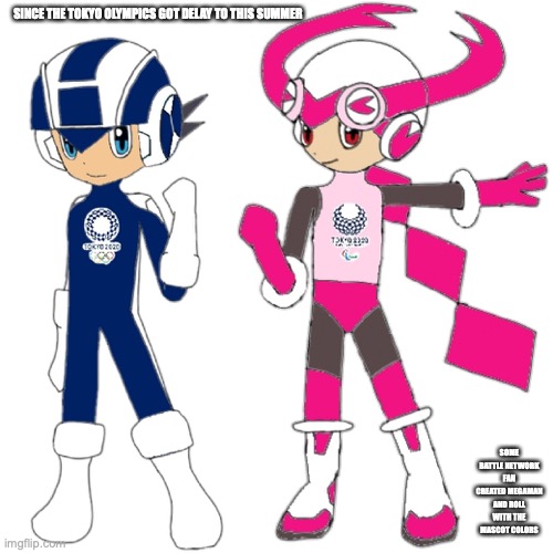 Battle Network Olympics Fanart | SINCE THE TOKYO OLYMPICS GOT DELAY TO THIS SUMMER; SOME BATTLE NETWORK FAN CREATED MEGAMAN AND ROLL WITH THE MASCOT COLORS | image tagged in fanart,megaman battle network,megaman,olympics,memes | made w/ Imgflip meme maker