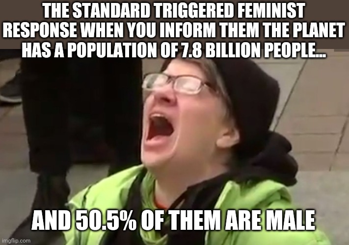 Why the anti-male dribble coming from the left is such a joke... | THE STANDARD TRIGGERED FEMINIST RESPONSE WHEN YOU INFORM THEM THE PLANET HAS A POPULATION OF 7.8 BILLION PEOPLE... AND 50.5% OF THEM ARE MALE | image tagged in screaming liberal,facts | made w/ Imgflip meme maker