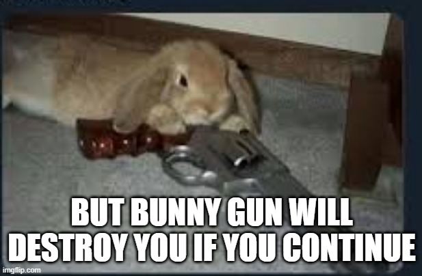 don't upvote beg | BUT BUNNY GUN WILL DESTROY YOU IF YOU CONTINUE | image tagged in bunny gun | made w/ Imgflip meme maker