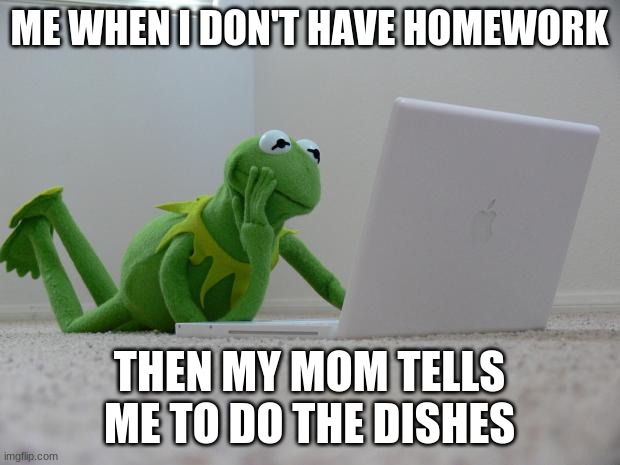 Kirmet the Frog | ME WHEN I DON'T HAVE HOMEWORK; THEN MY MOM TELLS ME TO DO THE DISHES | image tagged in kirmet the frog | made w/ Imgflip meme maker