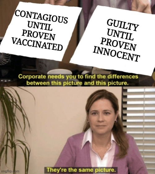 same | CONTAGIOUS UNTIL PROVEN VACCINATED; GUILTY
UNTIL
PROVEN
INNOCENT | image tagged in corporate needs you to find the differences,vaccine,coronavirus | made w/ Imgflip meme maker