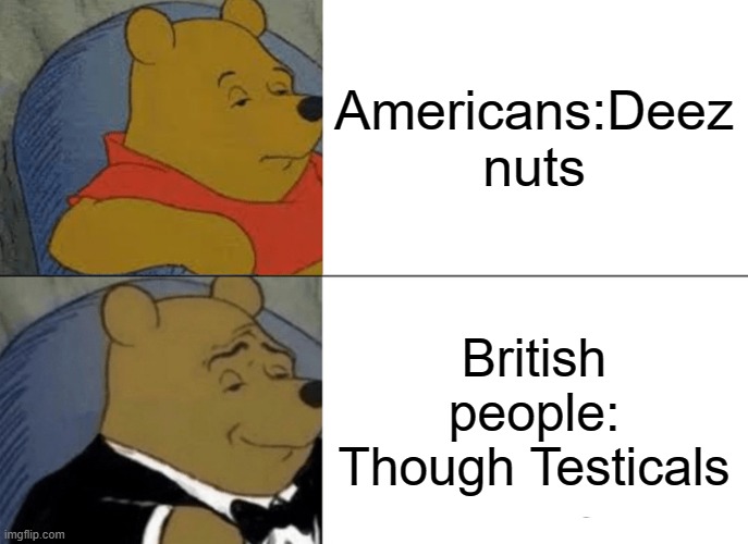 Tuxedo Winnie The Pooh | Americans:Deez nuts; British people: Though Testicals | image tagged in memes,tuxedo winnie the pooh | made w/ Imgflip meme maker