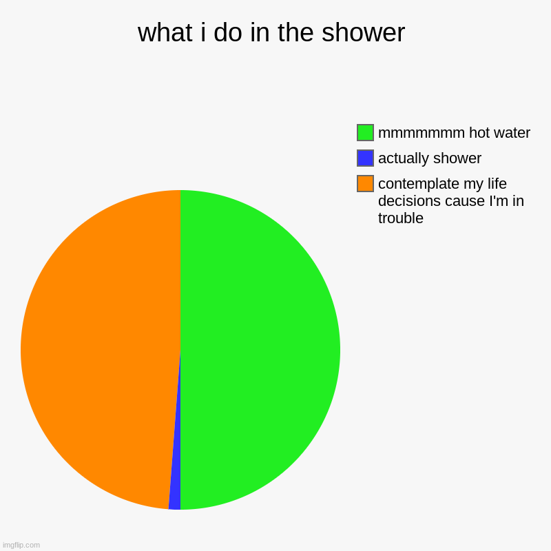 you prob can relate | what i do in the shower | contemplate my life decisions cause I'm in trouble, actually shower, mmmmmmm hot water | image tagged in charts,pie charts | made w/ Imgflip chart maker