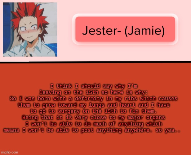 Jester Kirishima Temp | I think I should say why I'm leaving on the 15th so here is why:
So I was born with a deformity in my ribs which causes them to grow toward my lungs and heart and I have to go to surgery on the 15th to fix them. Being that it is very close to my major organs I won't be able to do much of anything which means I won't be able to post anything anywhere. so yea.. | image tagged in jester kirishima temp | made w/ Imgflip meme maker