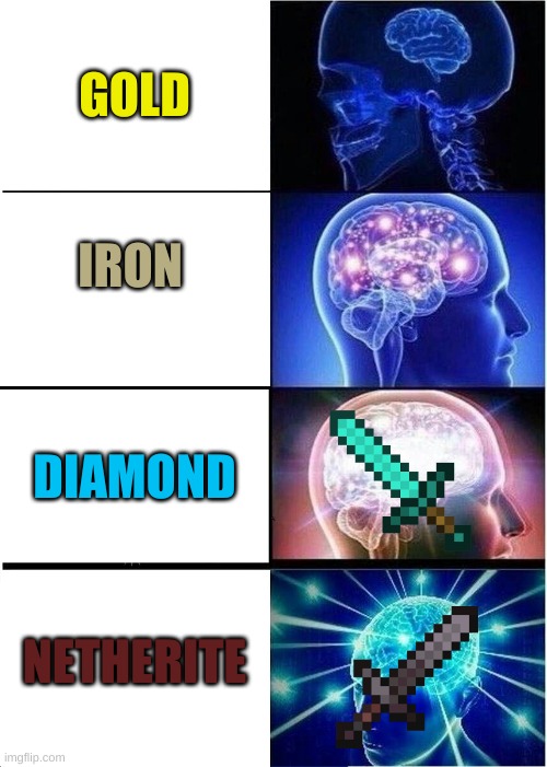 Expanding Brain | GOLD; IRON; DIAMOND; NETHERITE | image tagged in memes,expanding brain | made w/ Imgflip meme maker